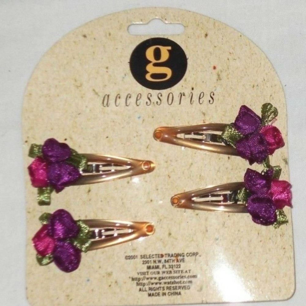 Vintage Rare Ribbon Rose Pink Purple Hair Clips